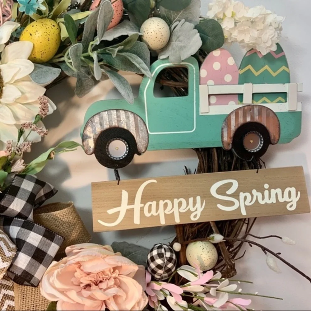 New Designer Floral Spring Easter Truck Farmhouse Plaid Burlap Wreath
